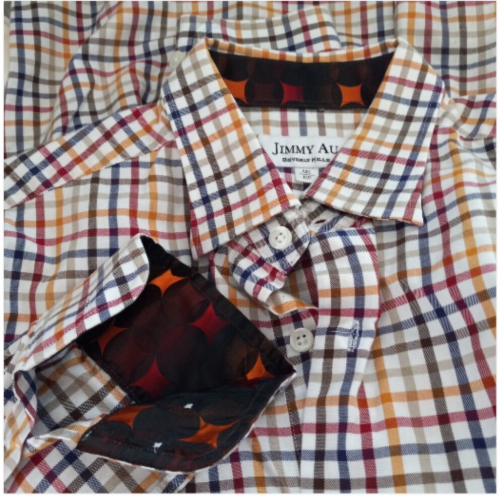 Jimmy Au Beverly Hills Men’s Medium Short Check Shirt Flip Cuff Button Down EUC - Picture 6 of 13